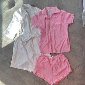 Lounge Pajama Robe Top Shorts Set Pink White Striped size S Women’s